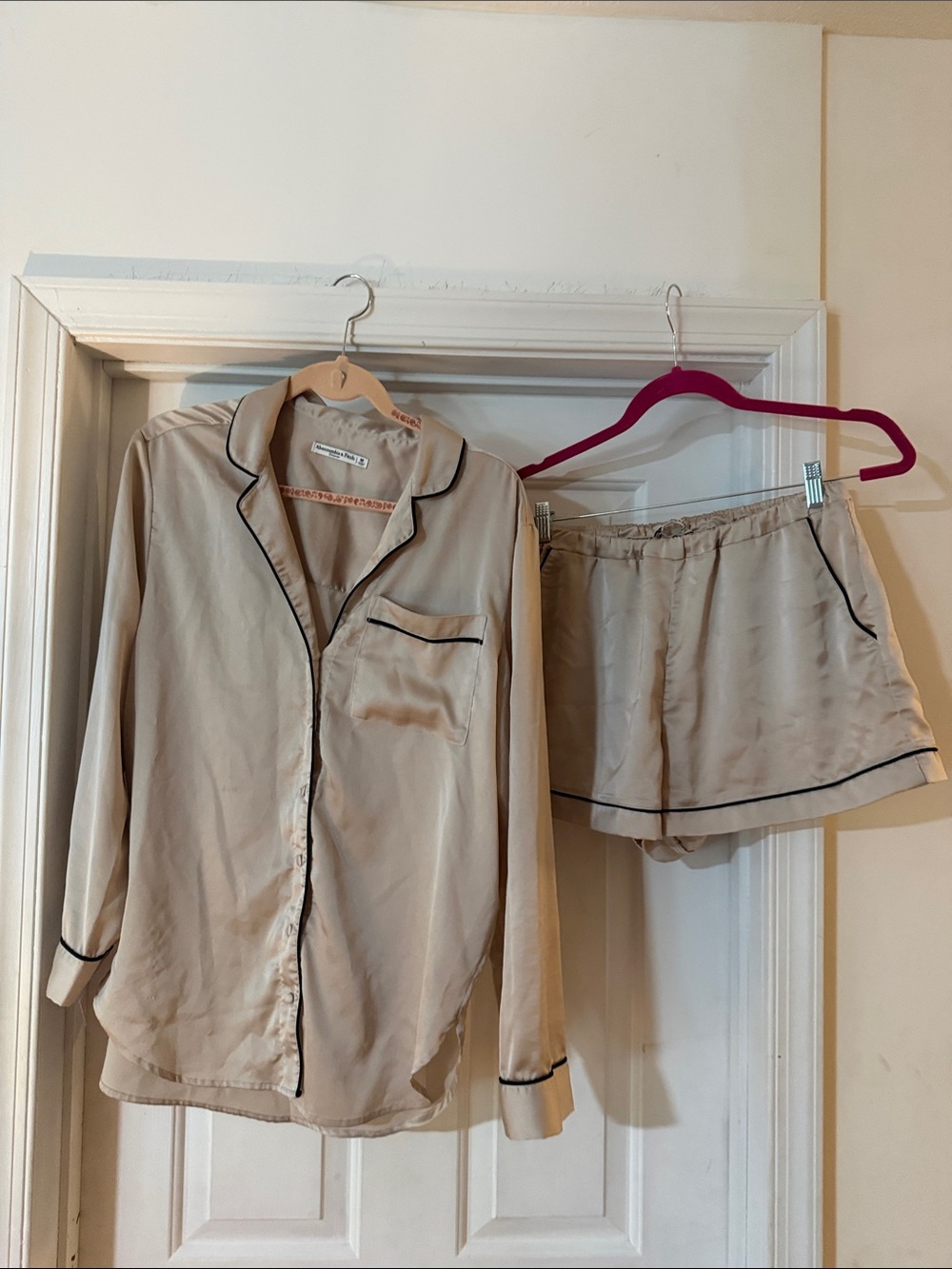 Silk-Feel Cream Pajama Set with Black Piping - Women
